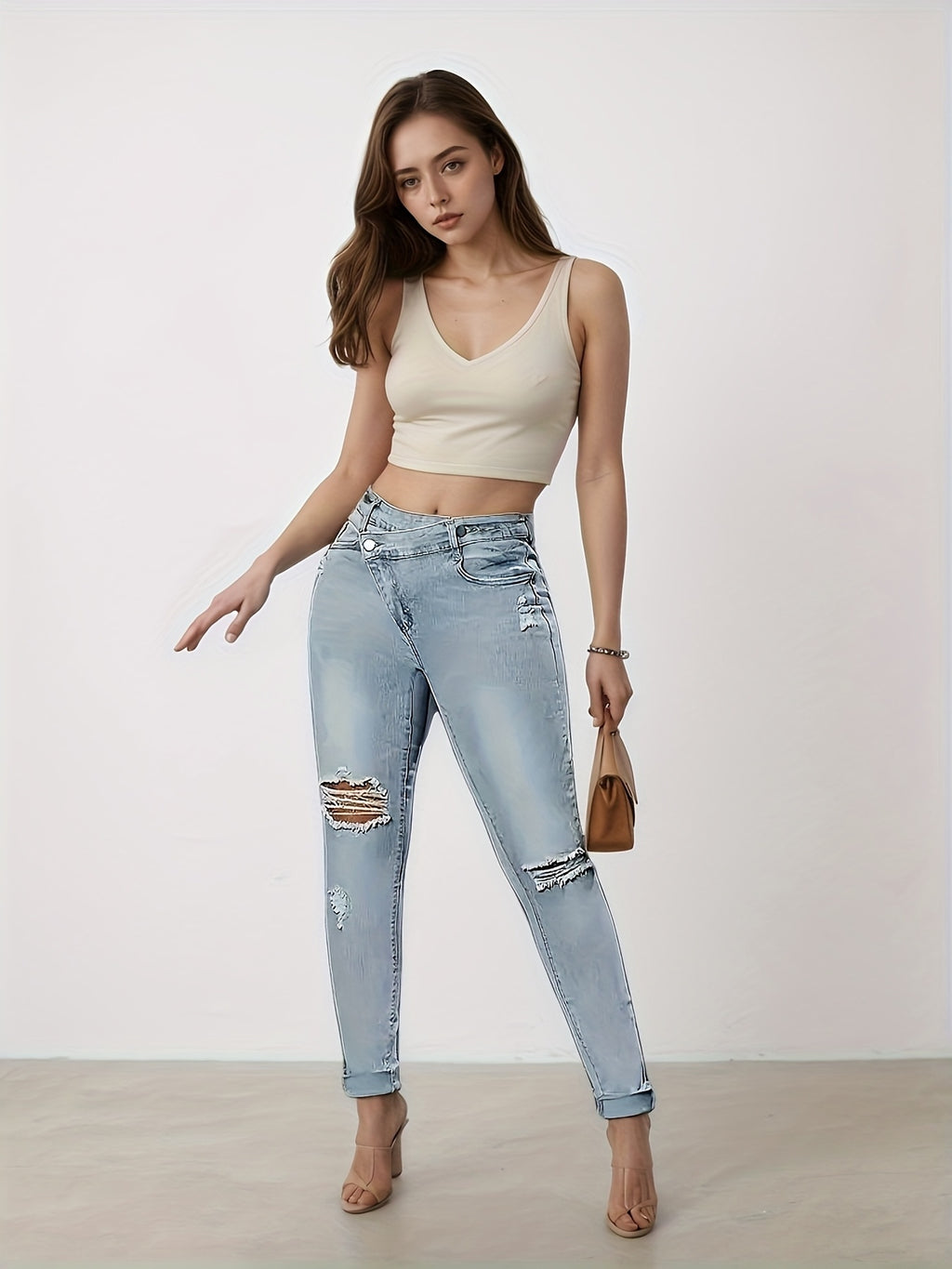 Tear Washed Denim Jeans, Women's Slim Fit Small Foot Design Slim Fit Denim Leggings, Equipped With A Beautiful Waist Belt