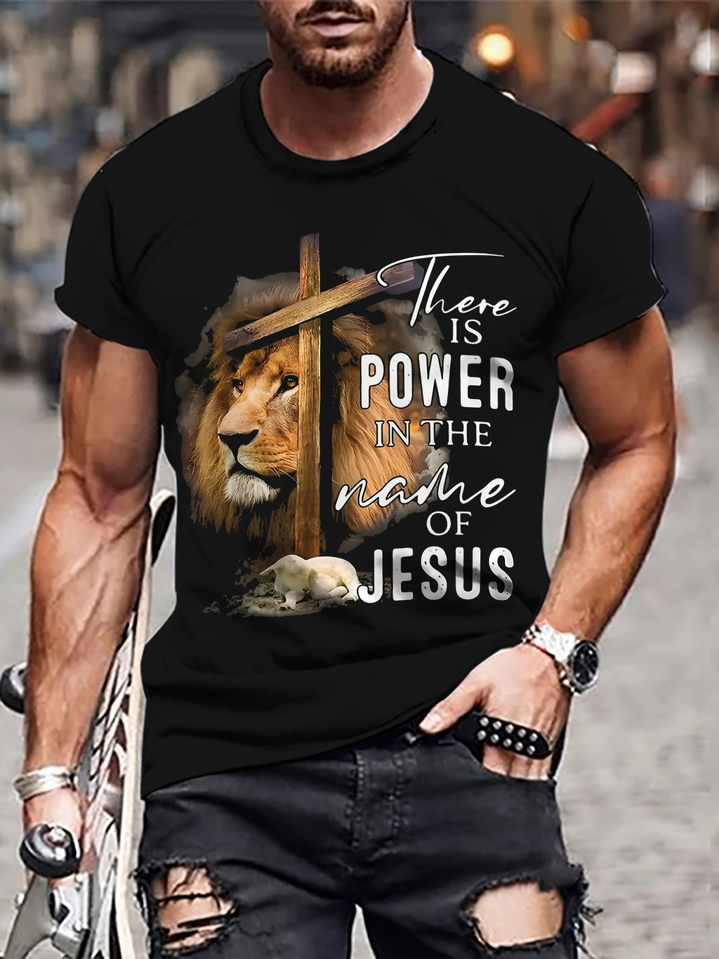 Men's Lion Print T-shirt, Casual Short Sleeved Round Neck T-shirt, Men's Outdoor T-shirt