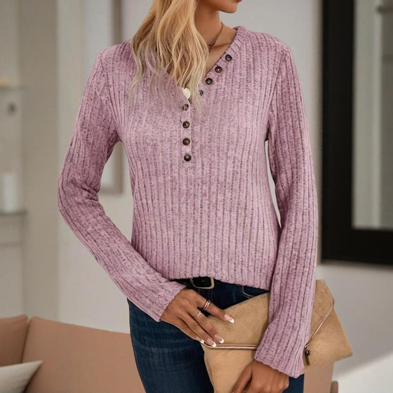 Women's Solid Color Button V-Neck Long Sleeve Knit Top - Casual Comfort Blouse For Spring&Fall