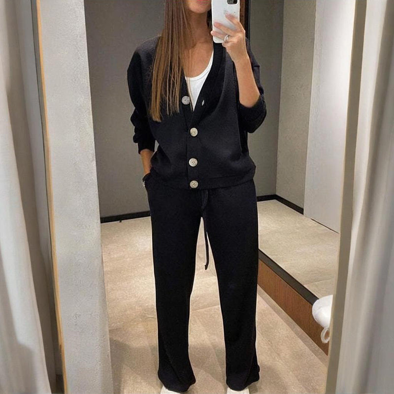 Women's Casual Knit Cardigan With Pocket & Drawstring Lounge Pants Solid Color Button Front Coat Fall Winter Loose Fit 2-Piece Outfit