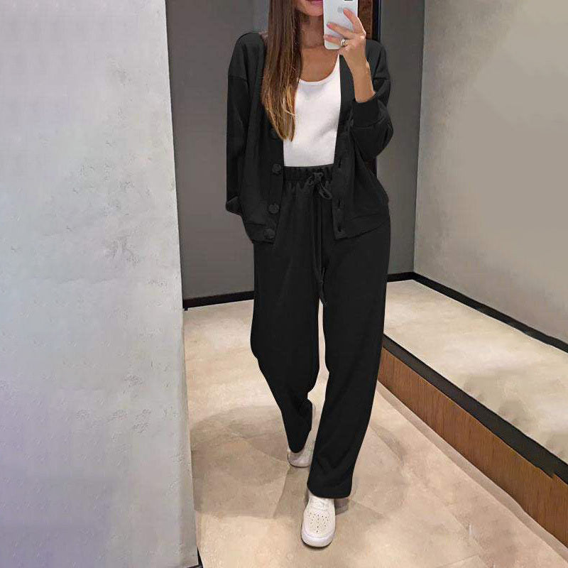 Women's Casual Knit Cardigan With Pocket & Drawstring Lounge Pants Solid Color Button Front Coat Fall Winter Loose Fit 2-Piece Outfit
