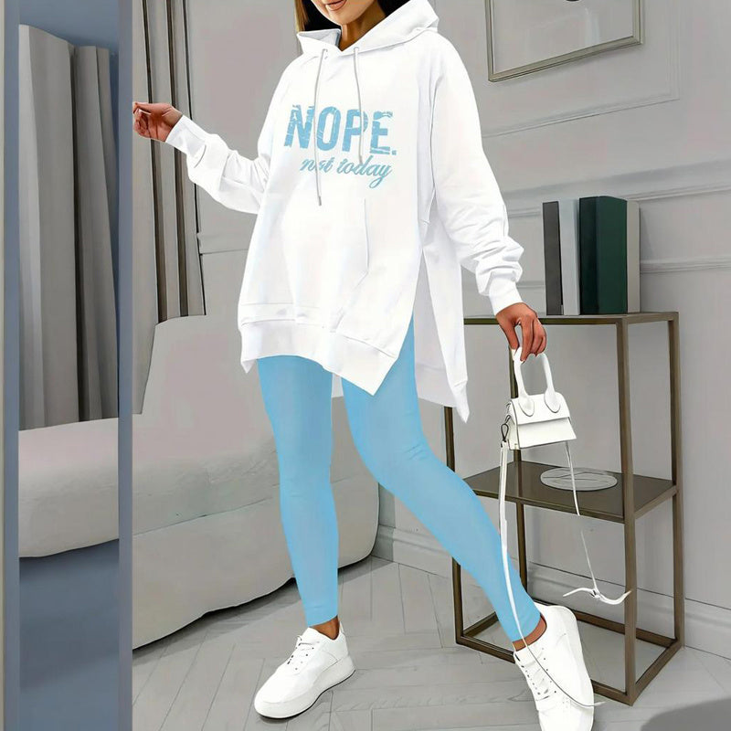 Women's Casual 2-Piece Set Solid Color Leggings & Letter Print Pocket Drawstring Hooded Sweatshirt With Split Hem Spring Fall Fashion Outfit