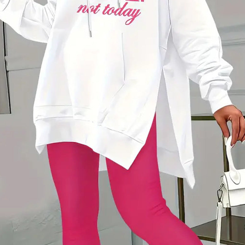 Women's Casual 2-Piece Set Solid Color Leggings & Letter Print Pocket Drawstring Hooded Sweatshirt With Split Hem Spring Fall Fashion Outfit