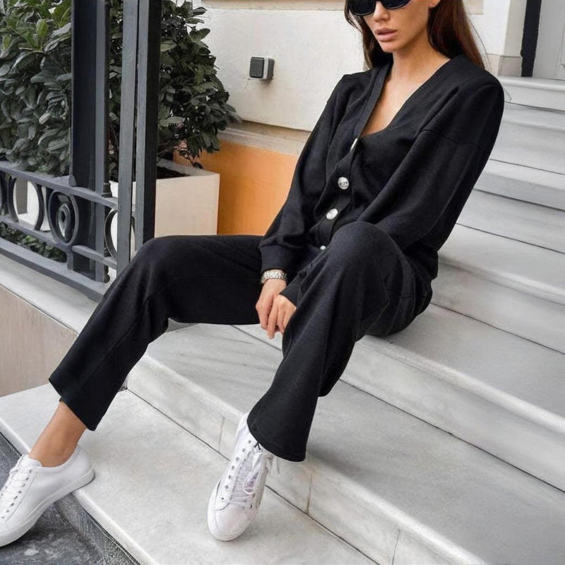 Women's Casual Knit Cardigan With Pocket & Drawstring Lounge Pants Solid Color Button Front Coat Fall Winter Loose Fit 2-Piece Outfit