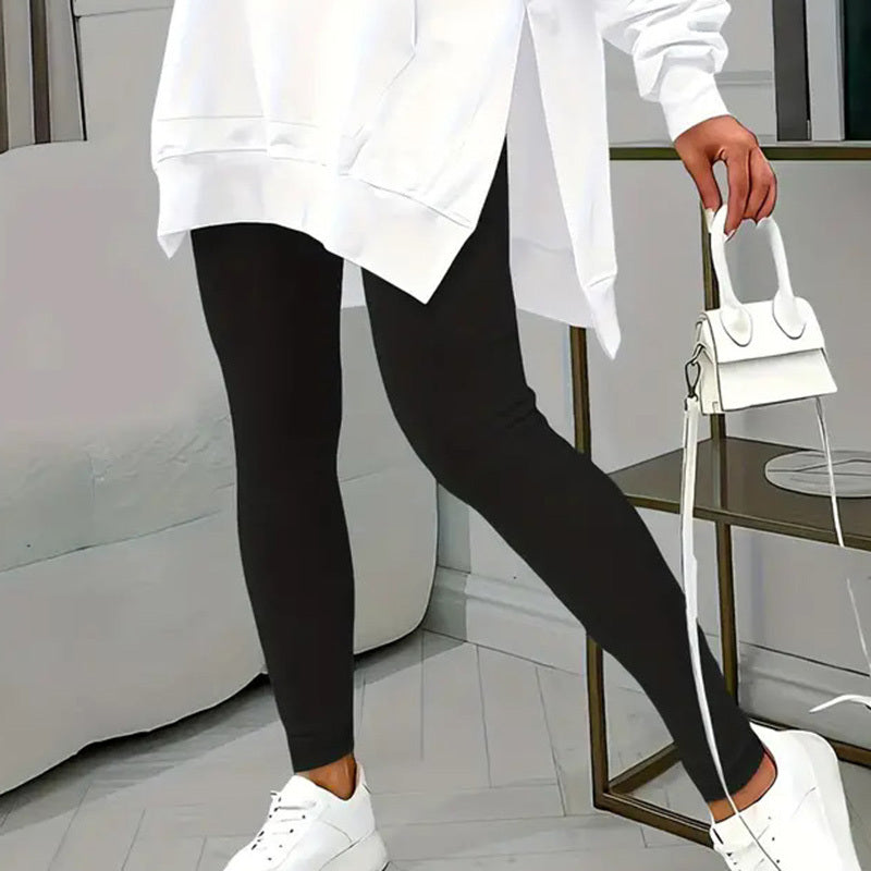 Women's Casual 2-Piece Set Solid Color Leggings & Letter Print Pocket Drawstring Hooded Sweatshirt With Split Hem Spring Fall Fashion Outfit